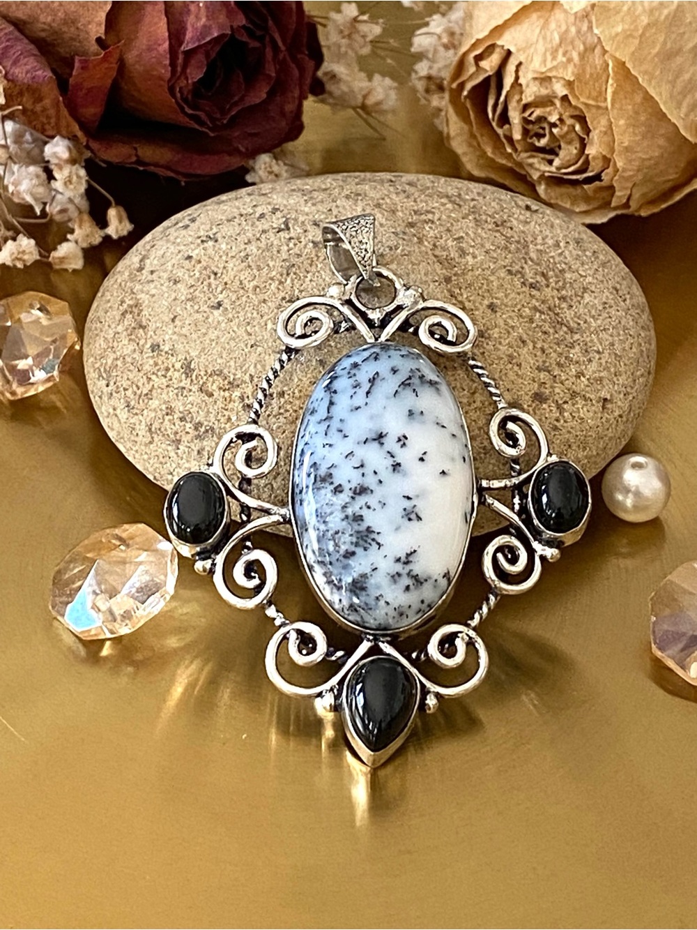 Large Dendritic Opal And Onyx Hand Crafted Pendant